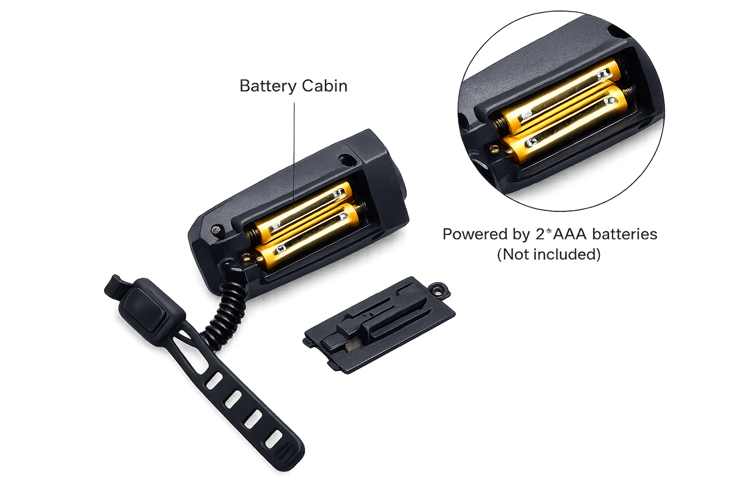 Battery cabin with AAA batteries and a close-up of the battery compartment on a white background.