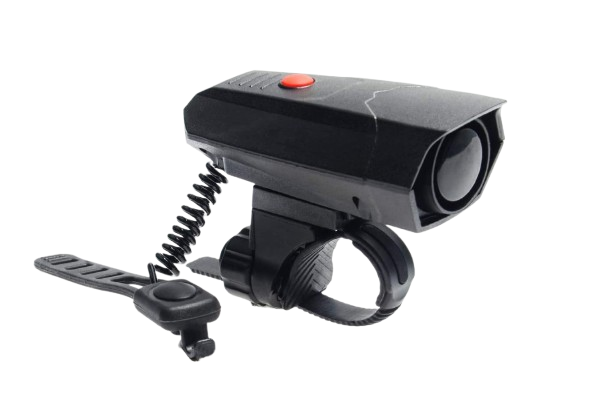 Black bicycle light with red button on a white background