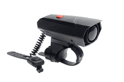 Black bicycle light with red button on a white background