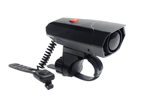 Black bicycle light with red button on a white background