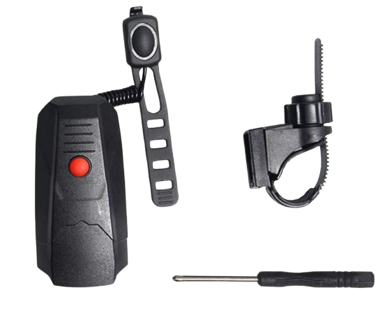 Black electronic device with a red button and a screwdriver on a white background