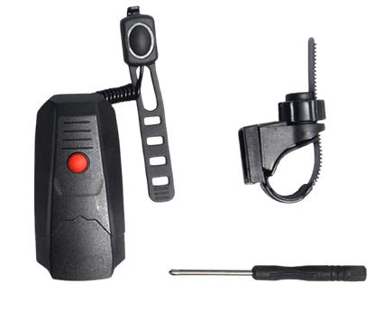 Black electronic device with a red button and a screwdriver on a white background