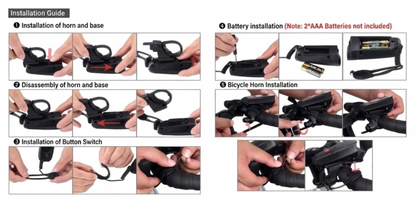 An installation guide collage showing multiple step-by-step photos of a black bicycle horn and base being mounted, disassembled, and wired.